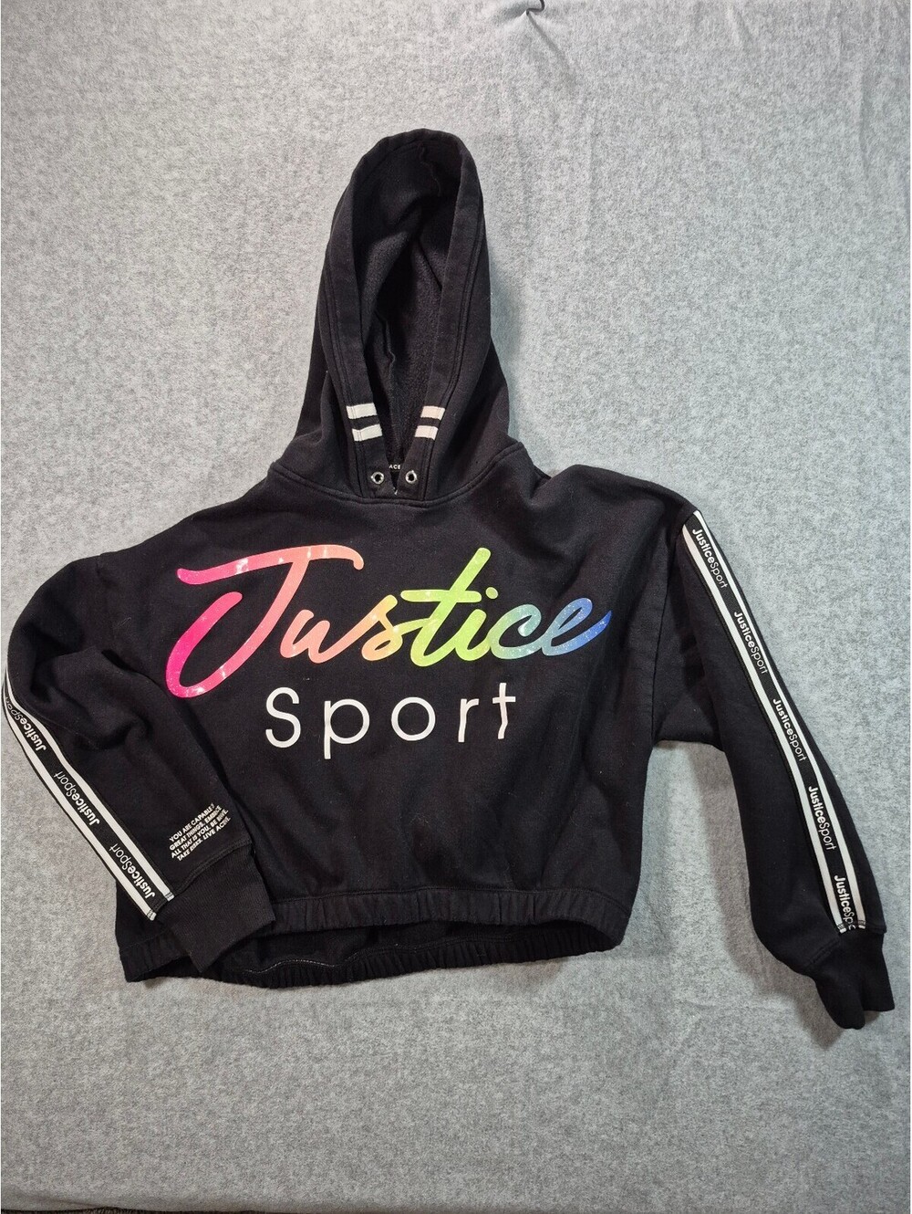 Justice Sport Girls 12/14 Black Cropped Hoodie Rainbow Glitter Logo